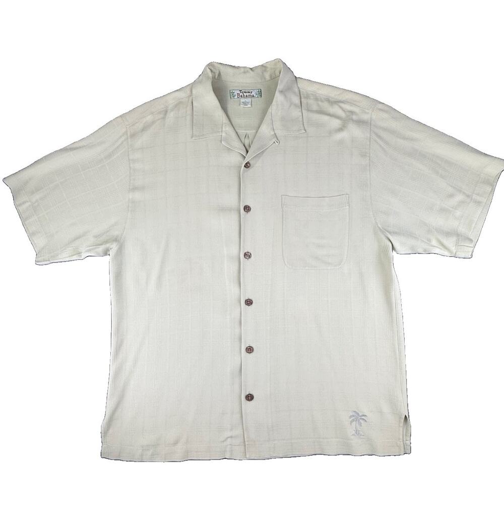 Tommy Bahama Men’s L 100% Silk Camp Shirt Beige Jacquard Palm Tree Resort